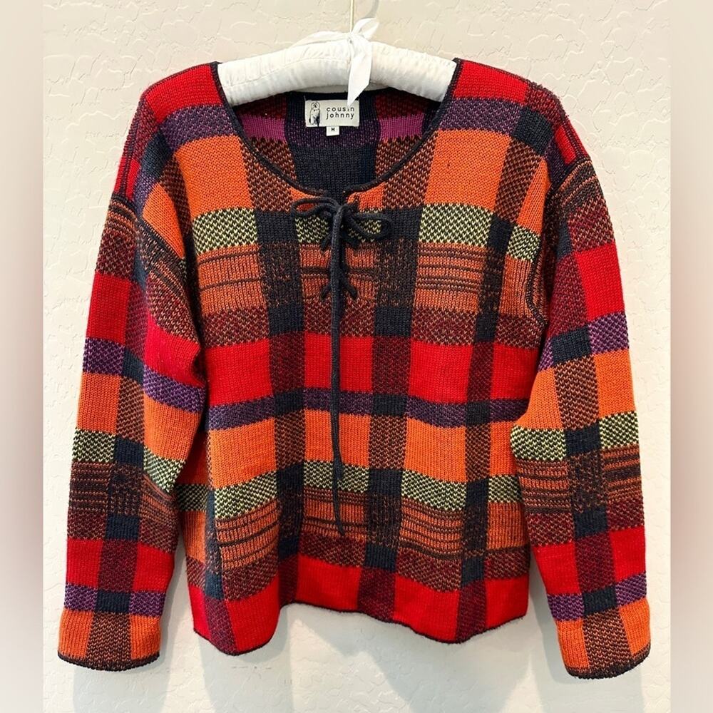 COUSIN JOHNNY | Vintage 100% Wool Plaid Lace-Up Sweater Made In USA | Medium